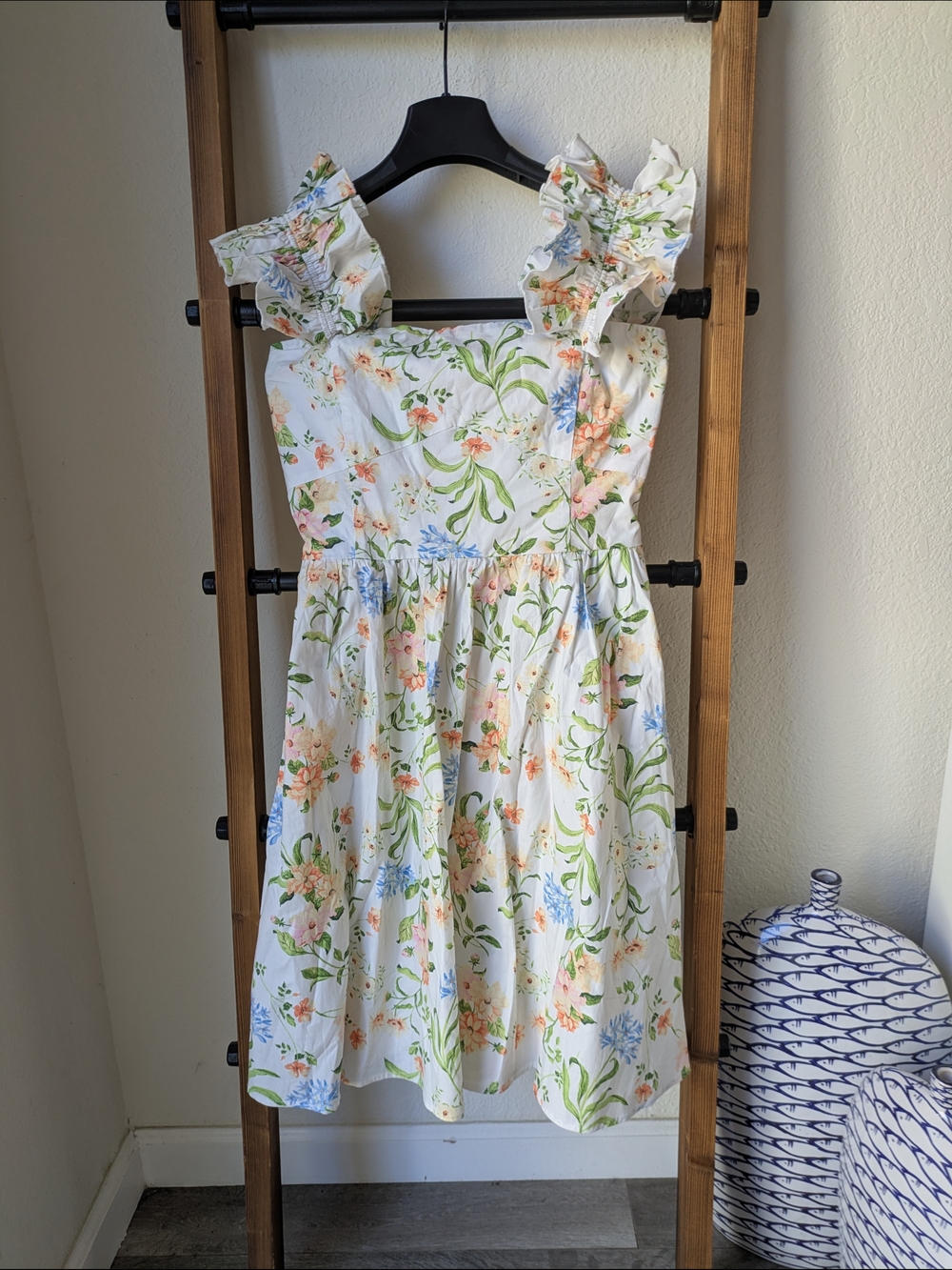 Wayf Women's White Floral Ruffle Strap Mini Dress - Size M